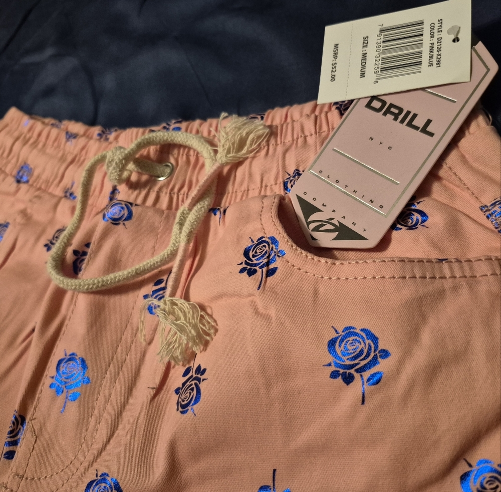 Peach Shorts with Blue Rose Print